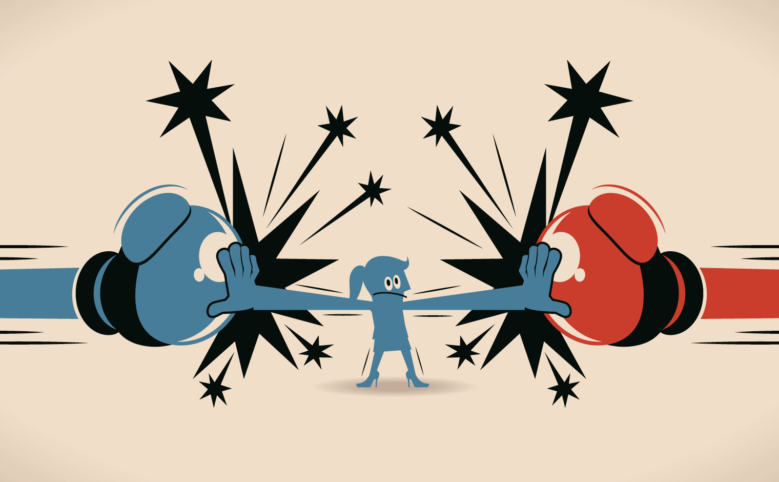 an illustration of a cartoon woman preventing two sides from fighting