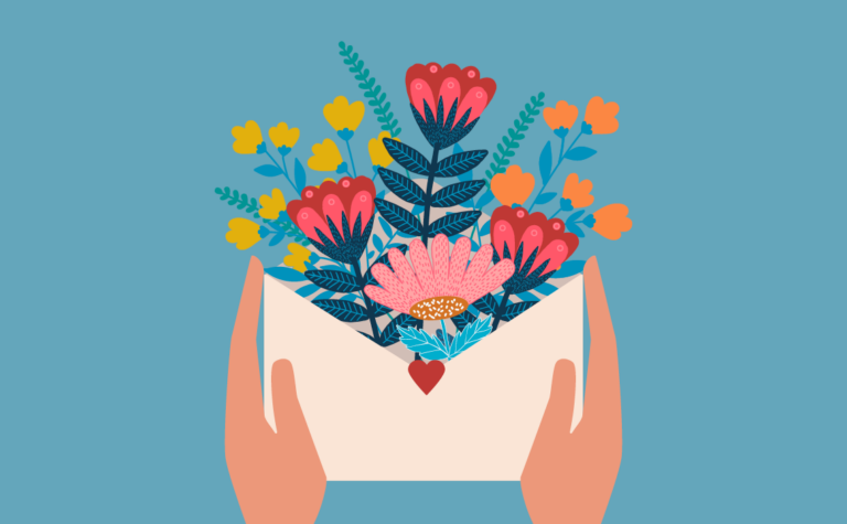 An illustration of flowers coming out of an envelope