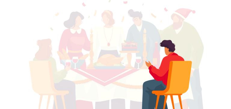 A lone man sits on the right side of a holiday dinner table, watching a blurred-out family gathering as if feeling left out
